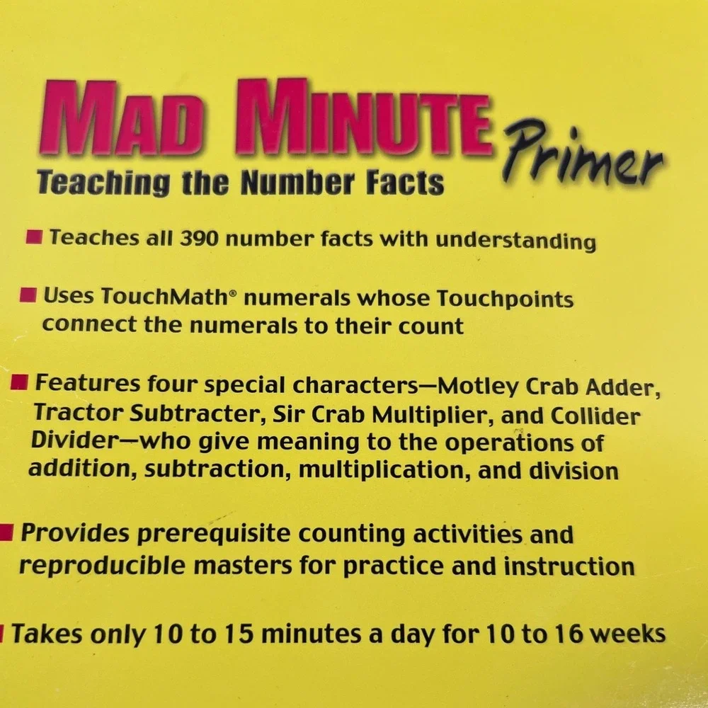 Dale Seymour Mad Minute Primer Workbook Grades K-3 Yellow TouchMath Excellent